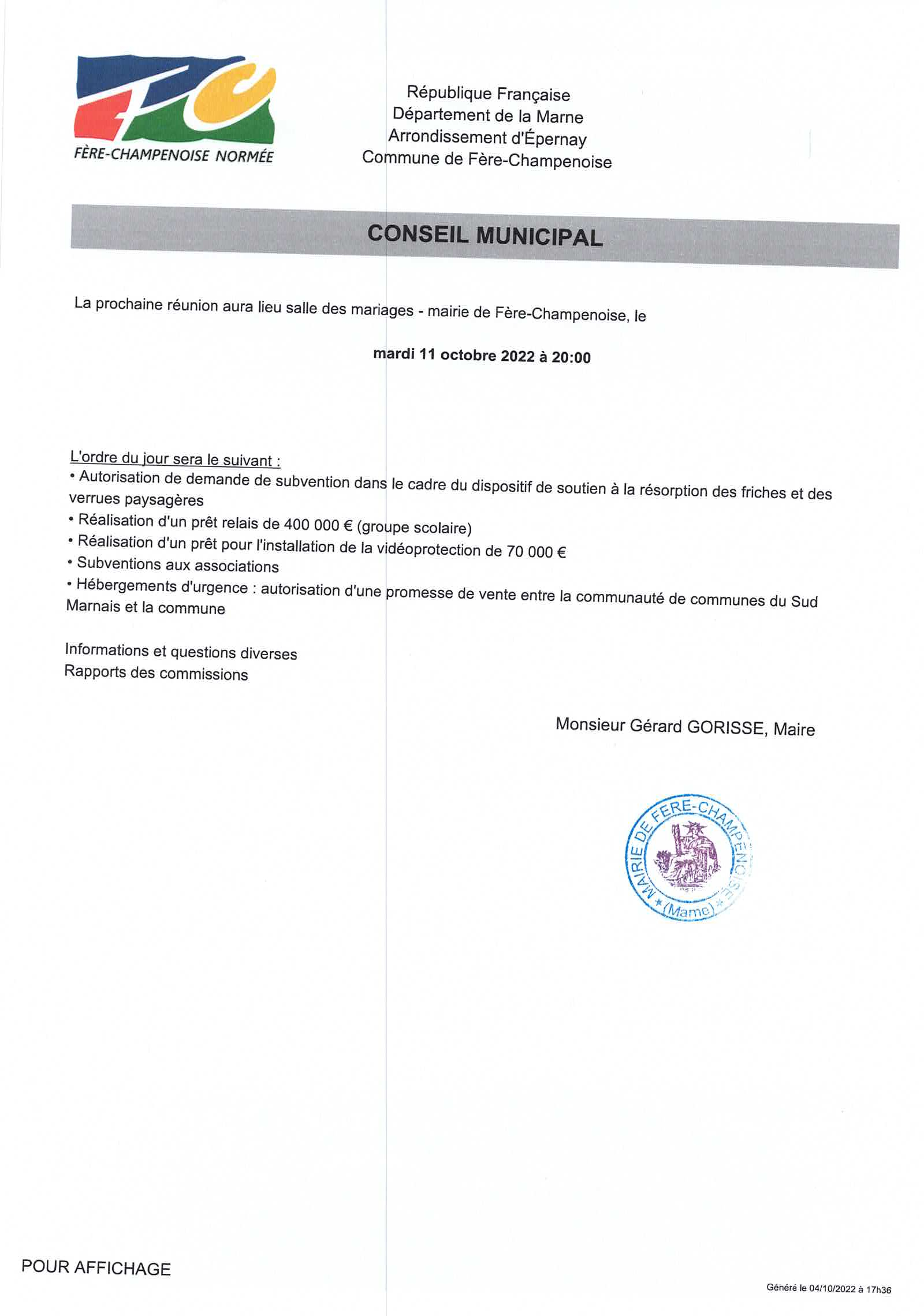 Conseil municipal 11 10 22